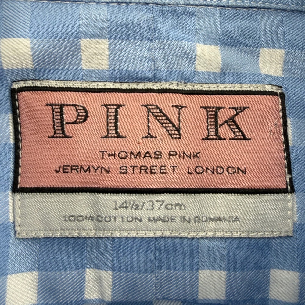 Thomas Pink Gingham Cotton Button Down Shirt Mens Small 14.5 US Blue White - Picture 4 of 14